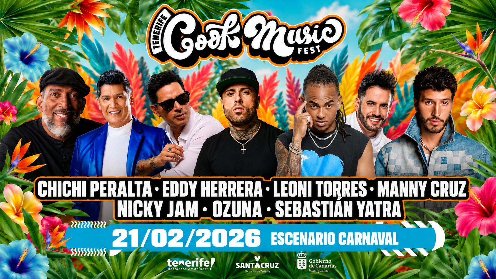 Cartel completo de Cook Music Fest Carnaval 2026 con Ozuna, Nicky Jam, Sebastián Yatra, Manny Cruz, Leoni Torres, Chichi Peralta y Eddy Herrera